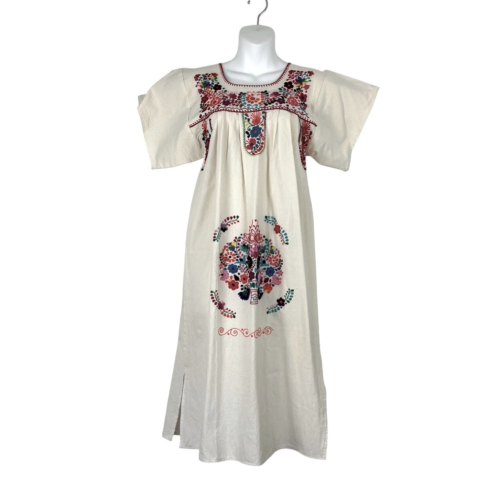 Vintage Mexican Embroidered Maxi Dress Cream Cotton Floral Boho Festival MD SZ 6